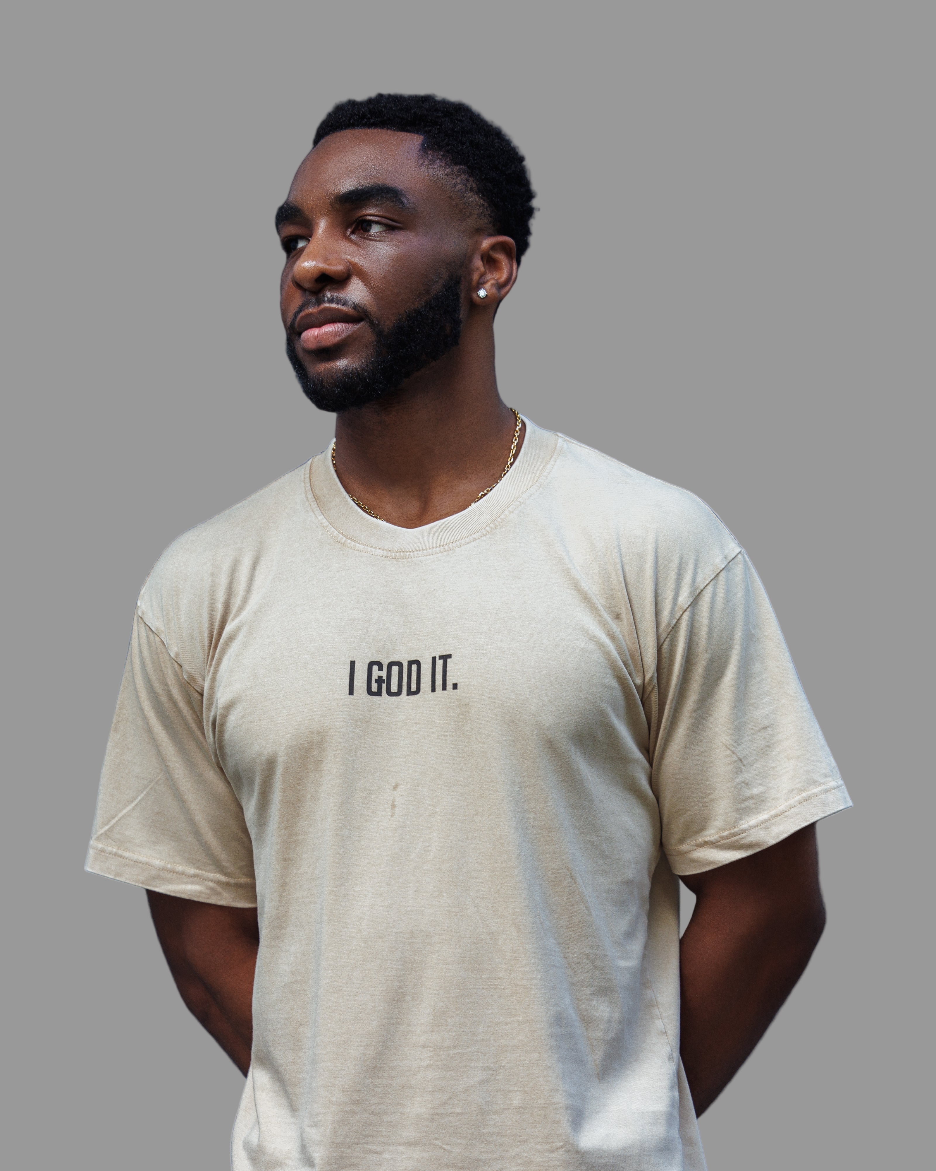 CREAM / LIGHT TAN ACID WASH " I GOD IT " T-SHIRT