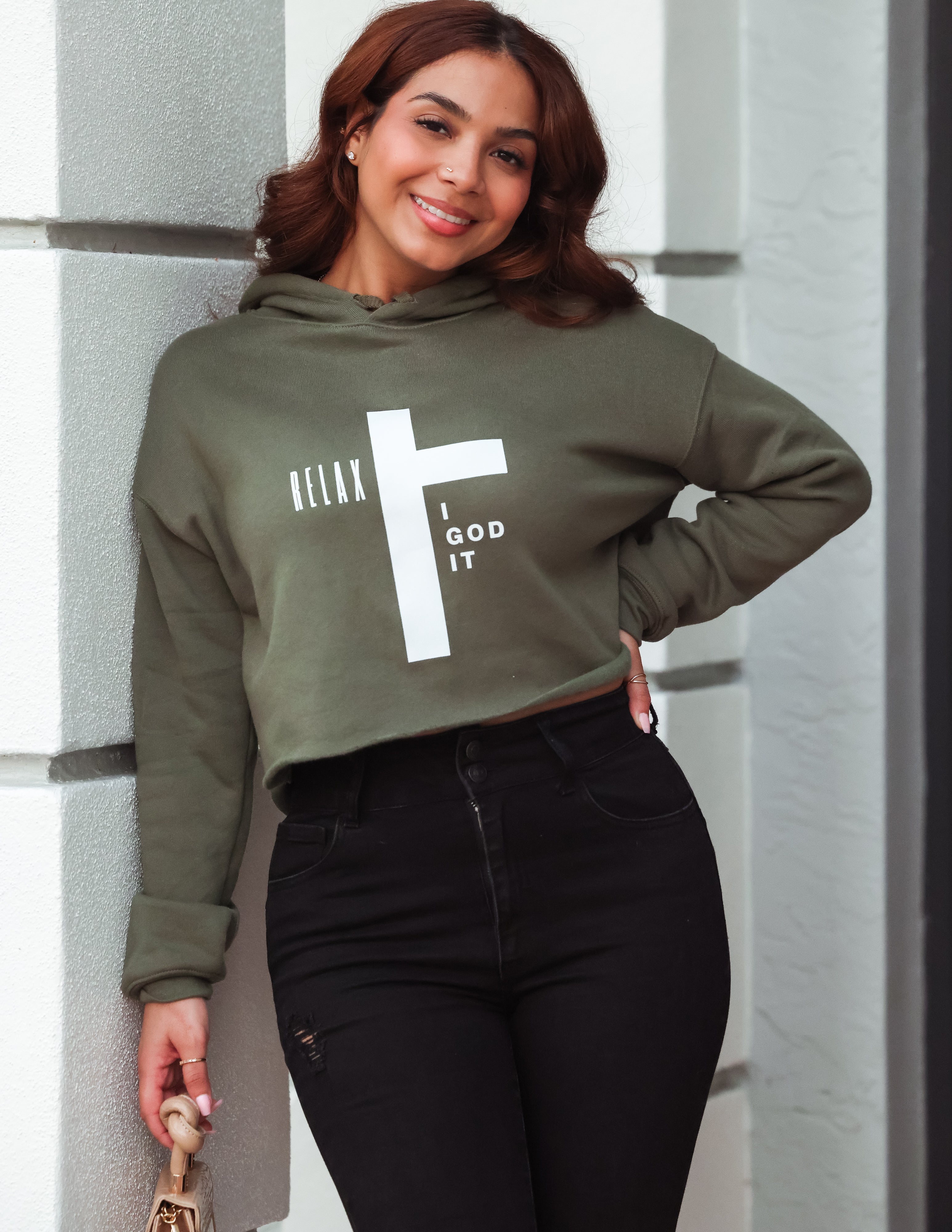 OLIVE GOD IT CROSS CROP HOODIE (WOMENS)