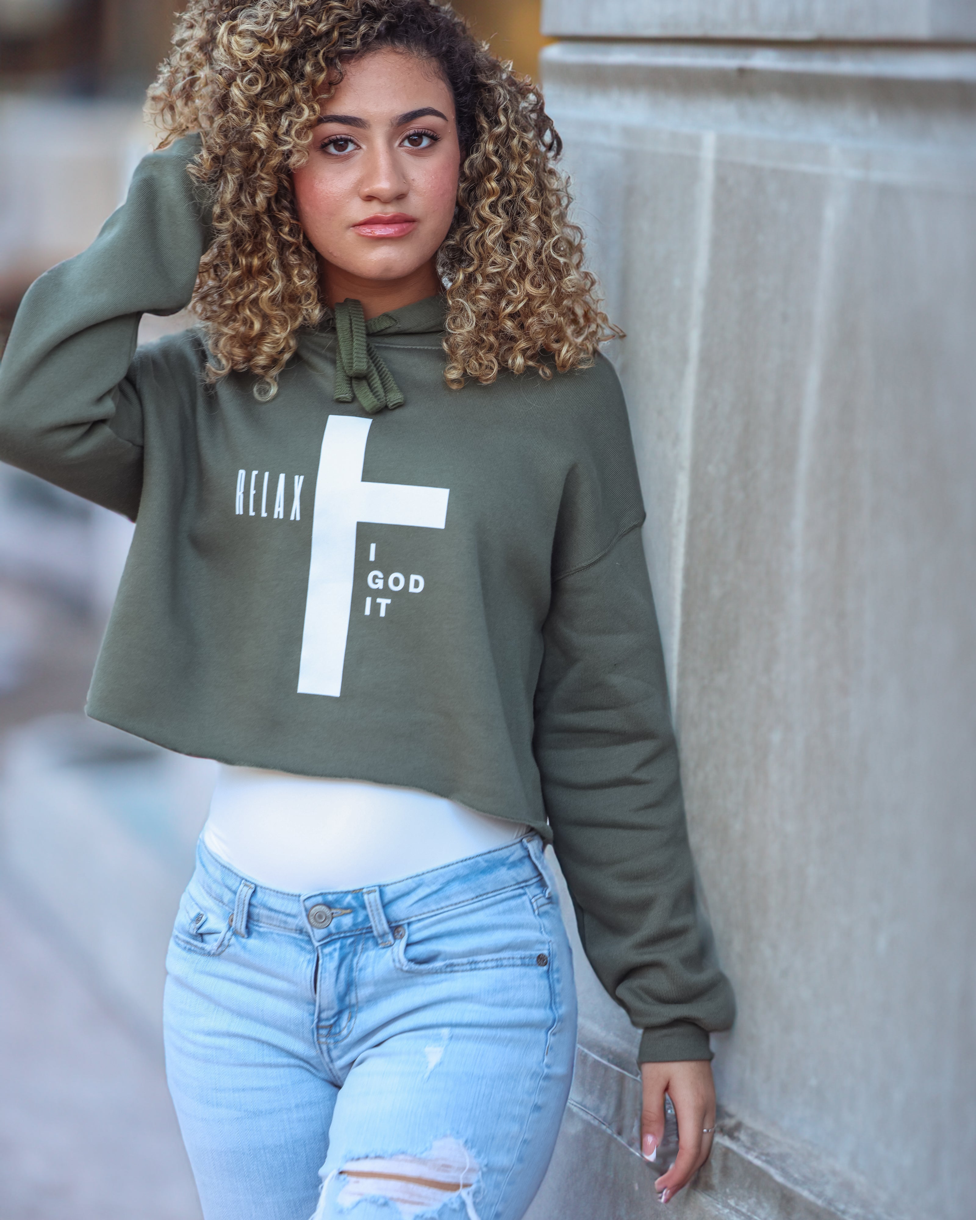 OLIVE GOD IT CROSS CROP HOODIE (WOMENS)